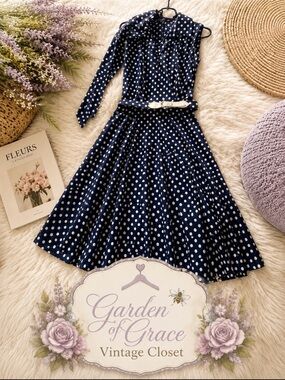 Garden of Grace Navy Polka Dot Long-Sleeve Fit & Flare Dress
